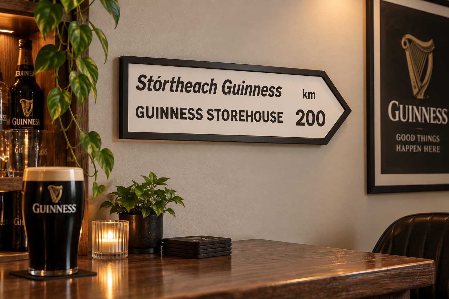 Personalised bilingual Guinness Storehouse direction sign in a warm pub interior